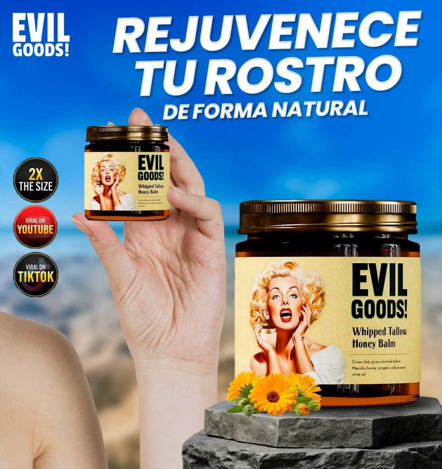 EVIL GOODS® - BÁLSAMO DE MIEL Y SEBO DE RES, HIDRATACIÓN NATURAL, POTENTE PARA TU PIEL CON EFECTO ANTI ENVEJECIMIENTO